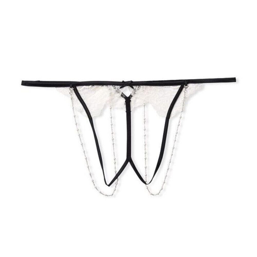 Victoria's Secret Dream Angels Pearl Chain Lace V-string Panty‎ Sz S - Open Back